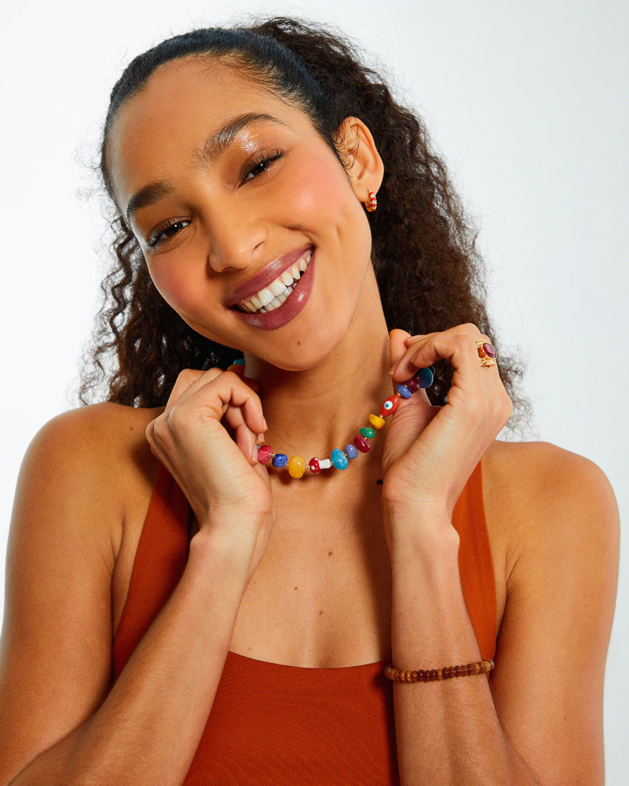 Multicoloured Rainbow Natural Stone Beaded Charm Necklace - Image 2