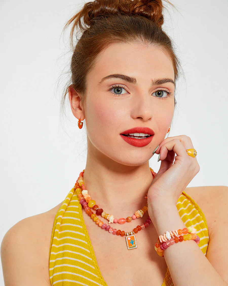 Orange, Pink & Coral Mixed Jade Stone Natural Beaded Bracelet - Image 2