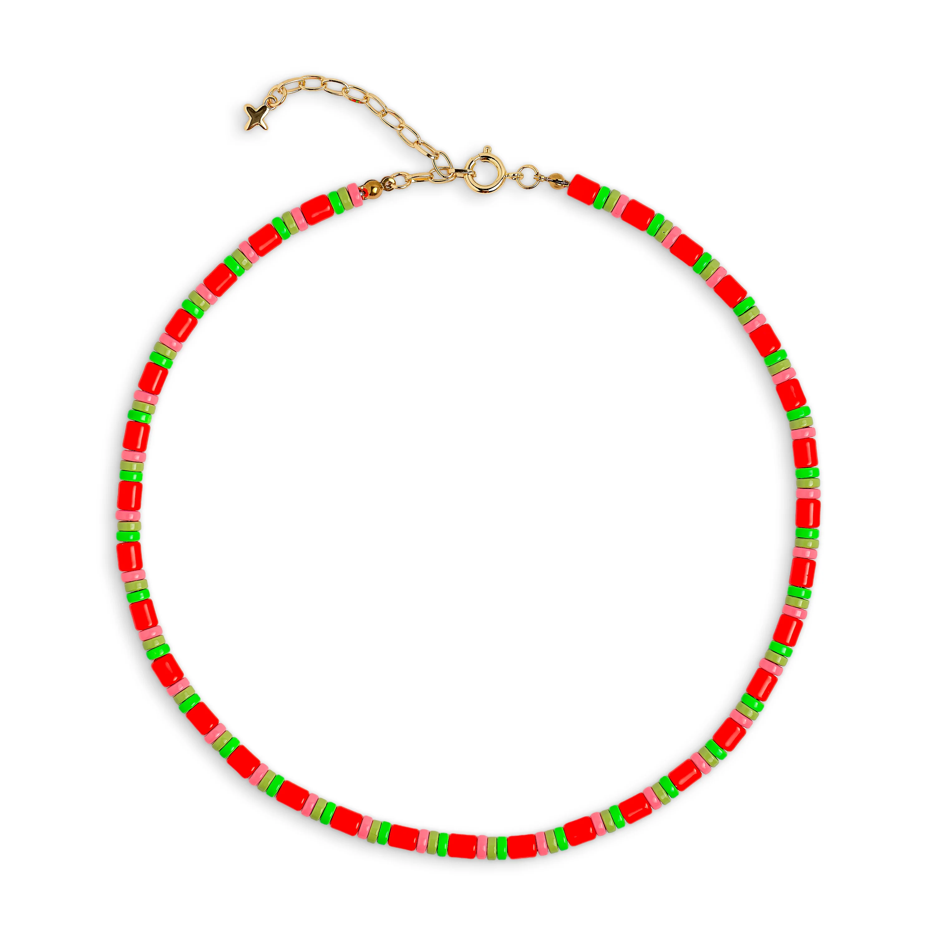 Red, Pink and Green Enamel Metal Bead Necklace